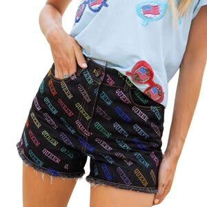 Queen Of Sparkle Rhinestone Denim Shorts Dark Wash Cut offs Size XS